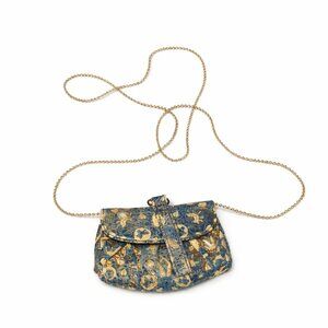 Vintage Blue/Gold Leather mini bag with Gold bead chain